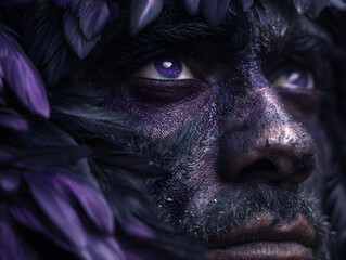 An ultra-photorealistic close-up portrait of a fierce warrior adorned with feathers, radiating strength, determination, and tribal elegance.