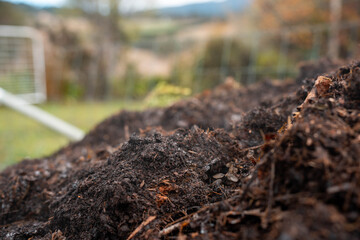 soil Compost pile, organic thermophilic compost turning in Tasmania Australia