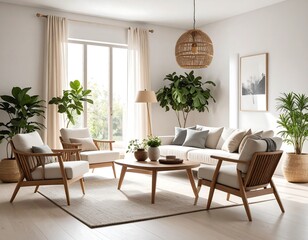 Bright Modern Living Room with White Sofa and Plants