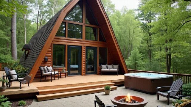 A-frame house with outdoor seating area - An A-frame house with a spacious deck, hot tub, fire pit, and outdoor seating area surrounded