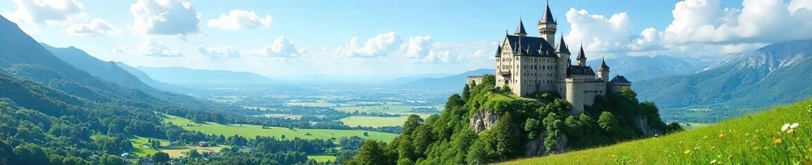 Fototapeta premium Majestic castle perched atop a hill overlooking a sprawling, vibrant green landscape under a bright blue sky Perfect for fairytale, fantasy, or medieval themed projects , heritage, blue sky