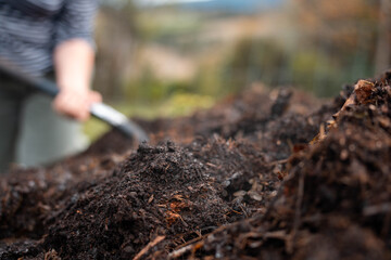 soil Compost pile, organic thermophilic compost turning in Tasmania Australia