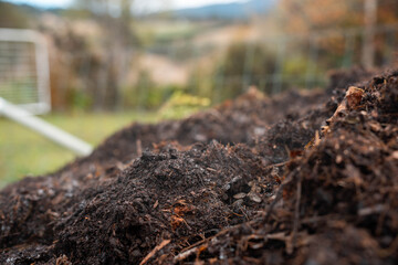 soil Compost pile, organic thermophilic compost turning in Tasmania Australia
