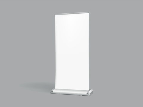Blank vertical roll-up banner stand vector mockup. Pull-up roller portable signage mock-up. White pop-up advertising display template vector