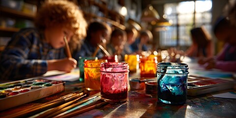 Children Painting with Watercolors at Sunlit Art Table perfect for arts education campaigns, creativity development programs, afterschool brochures and childhood enrichment visuals