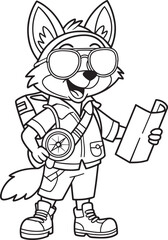 Fox Cartoon Character Explorer Holding Map Line Art Illustration Design