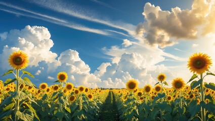 Fototapeta premium Sunflower field under a bright sky with clouds, vibrant and lively nature scene.