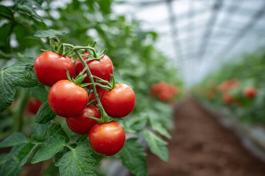 tomatoes on vines, rows of plants under sunlight. Generative AI