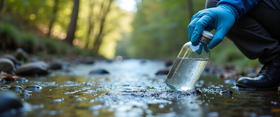Technician Collecting Freshwater Samples from Mountain Stream for Water Quality Analysis - Stock Photo Concept with Emphasis on Field Protocol and Sterilization