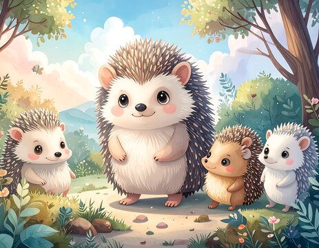 Cute hedgehogs in a lush forest scene - Powered by Adobe