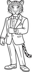 Leopard in Tuxedo Line Art Illustration for Formal Events and Sophisticated Designs