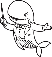 Whale Cartoon Character Conductor Conducting Orchestra Line Art Illustration Design