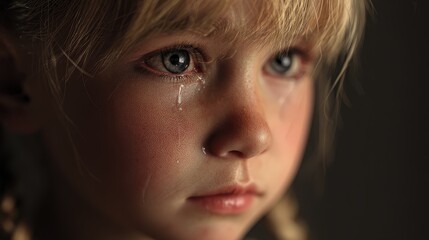 Sad child crying little girl emotional portrait in studio close-up view of tearful eyes