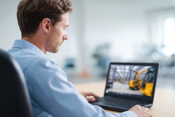 Warehouse worker analyzing equipment data industrial facility digital screen indoor space close-up view business insight