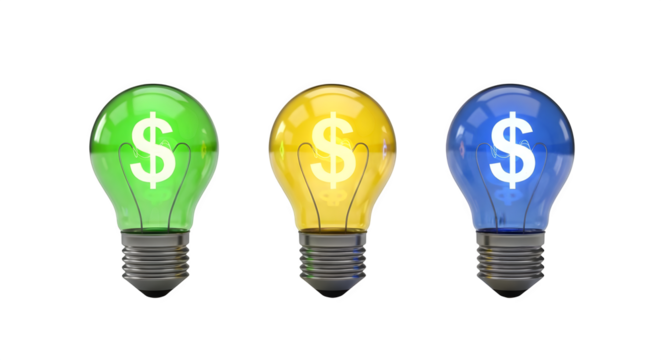 Colored bulb illustration shows financial idea, business concept. Great for financial blogs, social media, or PowerPoint templates.