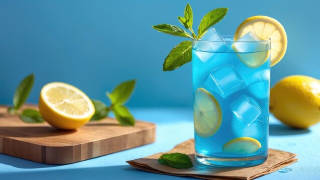 A refreshing blue lemonade with lemon slices and mint leaves on a blue background. - Powered by Adobe