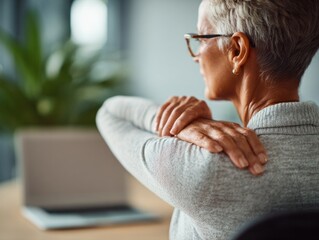 Elderly woman relieves shoulder pain at home office lifestyle image comfortable environment inspirational viewpoint