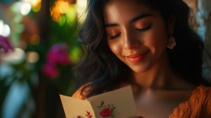 A woman sitting alone, reading a card by the soft glow of a candle