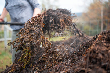 soil Compost pile, organic thermophilic compost turning in Tasmania Australia