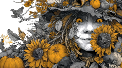 Enigmatic figure adorned with vibrant sunflowers and autumn foliage, blending nature and artistry in a captivating illustration with mystical elements. on a transparent background