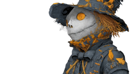 Scarecrow illustration with intricate details, featuring a textured hat and vibrant autumn leaves, embodying the essence of harvest season and rural charm. on a transparent background
