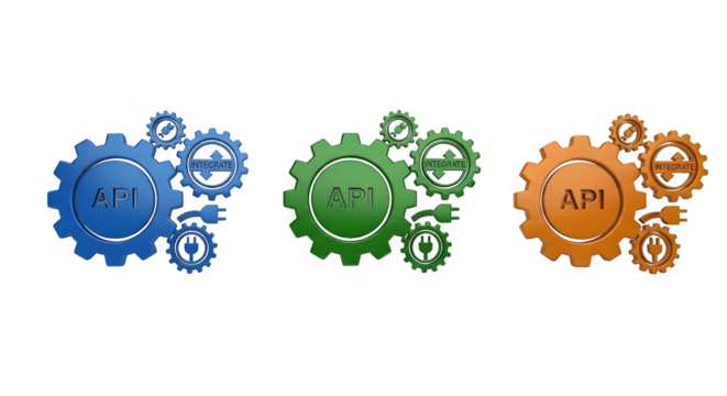 Blue, green, orange gears render. Connection concept illustration, ideal for tech-themed presentation, digital marketing.