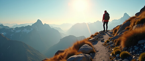 Lone Trekker on Rugged Mountain Path: A Stunning Travel Stock Photo of Distant Peaks in Soft Morning Light with Empty Space for Text