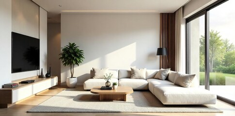 Fototapeta premium Serene minimalist living room, featuring a neutral palette, sleek lines, and natural light Simple yet elegant design with focus on texture and functionality , furniture, monochrome, contemporary