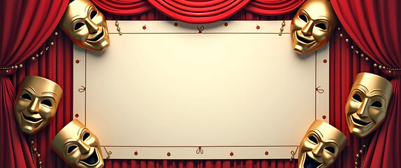 Playbill Design with Theater Masks Border Frame for World Theatre Day Performances - Creative Photo Stock Concept with Copy Space on the Left