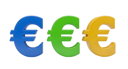 Colorful Euro Symbols pop against black. Glossy finance elements in blue, green, and yellow create vibrant branding, business, or presentation visuals.