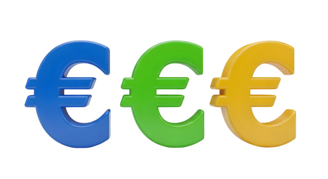Colorful Euro Symbols pop against black. Glossy finance elements in blue, green, and yellow create vibrant branding, business, or presentation visuals.
