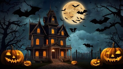 Fototapeta premium Halloween night background with a haunted house, pumpkins and bats in the sky