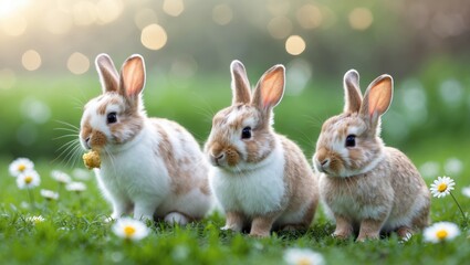 Obraz premium Three adorable rabbits standing on green grass with daisies, with bokeh lighting in the background.