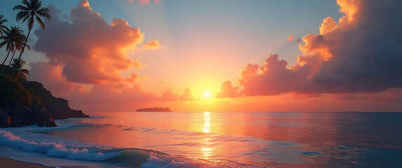 Captivating tropical sunset scenery unfolds vibrant colors over calm sea horizon exuding leisure elegance timeless summer allure evoking refined artistry inspiring enduring admiration in  Photo Stock 