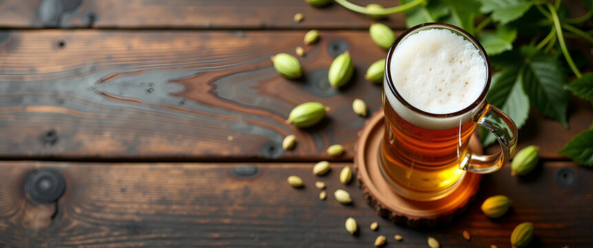 Artistic Top-Down View of Frothy Beer Mug on Weathered Wood with Hops and Barley - Perfect for Craft Beer Photography and Rustic Decor - Powered by Adobe