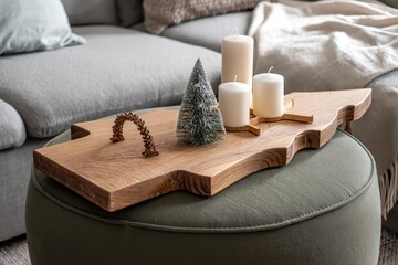Cozy Winter Decor: Wooden Tray with Candles and Miniature Tree