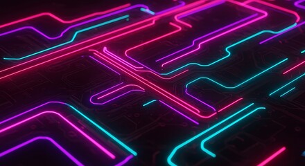 Dynamic 3D rendering of a futuristic motherboard with intricate glowing neon light trails representing data flow and connectivity
