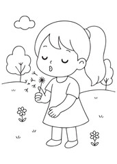 coloring book girl blowing dandelion seeds in a meadow garden, playful outdoor moment.