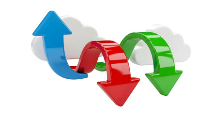 Shiny blue, red, green arrows around clouds on black showcase cloud data transfer, synchronization. Ideal for presentations, tech websites, and social media visuals.