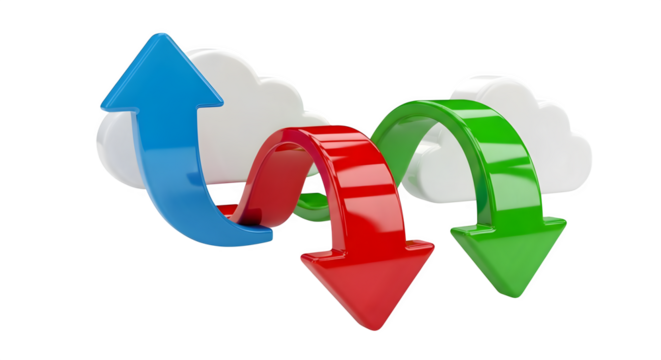 Shiny blue, red, green arrows around clouds on black showcase cloud data transfer, synchronization. Ideal for presentations, tech websites, and social media visuals.