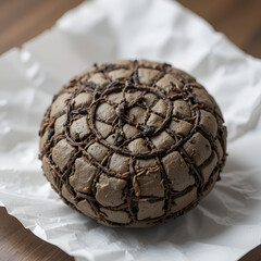 Puer tea cake displayed on white paper highlighting its texture and natural color
