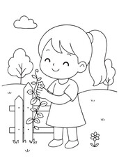 coloring book girl tying a climbing vine to a fence trellis, gentle plant care in the garden.