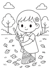 coloring book girl raking fallen leaves neatly in the garden yard, tidy autumn scene.