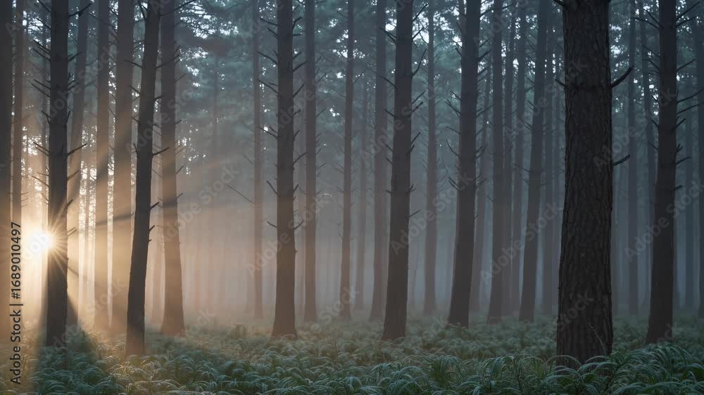 Poster sunlight streams through a misty forest creating a mystical atmosphere in early morning light, highl