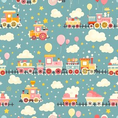 Whimsical Cartoon Train Journey Through a Starry Cloudy Sky with Balloons.