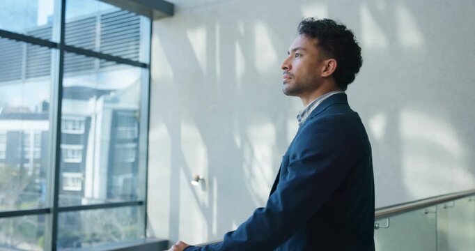 Thinking, vision and business man in office for property investment, future insight or planning. Reflection, serious agent and thoughts in workplace, corporate mindset or real estate opportunity