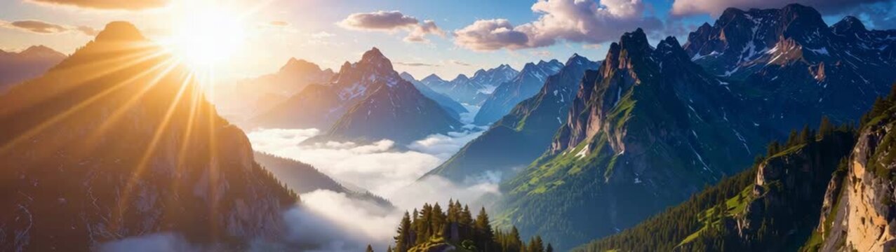 Majestic sunrise over rugged mountain landscape with clouds and vibrant colors.