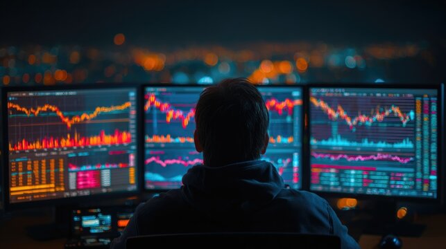 Trader at Work with Multiple Monitors and Stock Charts - Powered by Adobe