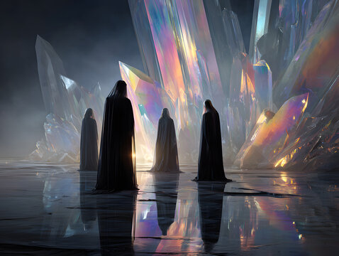 An ultra-photorealistic cinematic fantasy artwork of elves and priests standing together, radiating mystical power and ethereal presence.
