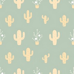 Whimsical Pastel Cactus and Potted Plant Seamless Pattern on Muted Sage Green Background.